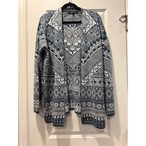 Ashley Blue Tribal Geometric Open Front Cardigan Sweater‎ Blue White XL 5003